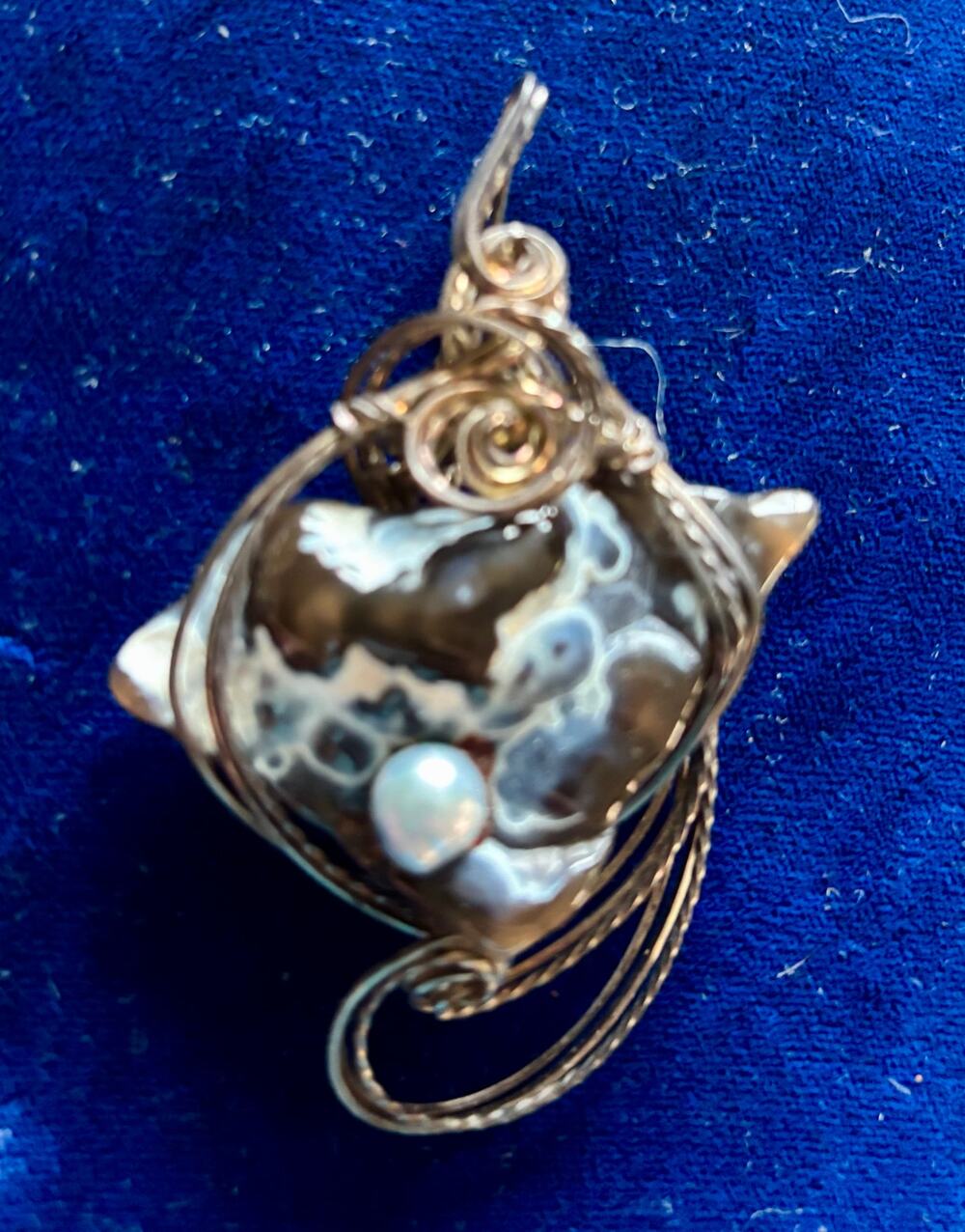 Ocean Jasper Artisian Custom Made Wire Wrapped Pendant 3 x 2 New Blue Gray